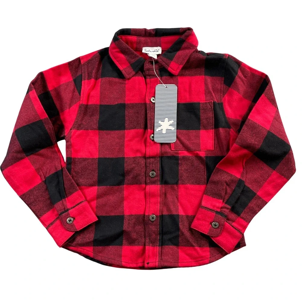 Splendid Kids Size 3 Red Black Buffalo Plaid Flannel Long Sleeve Shirt NWT READ‎